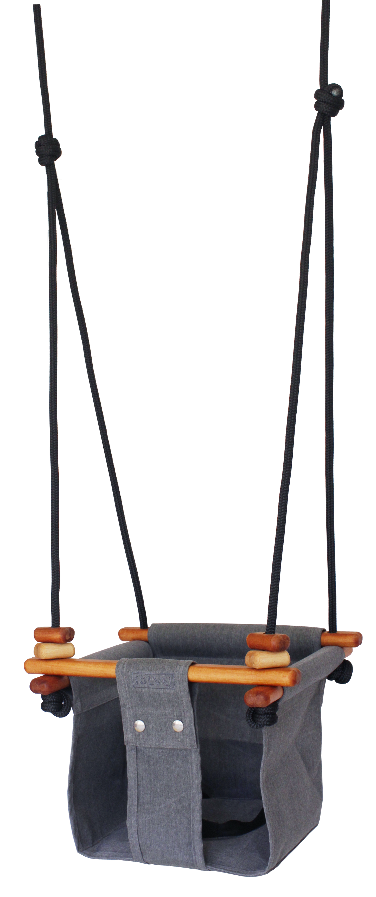 Grey canvas and wooden swing