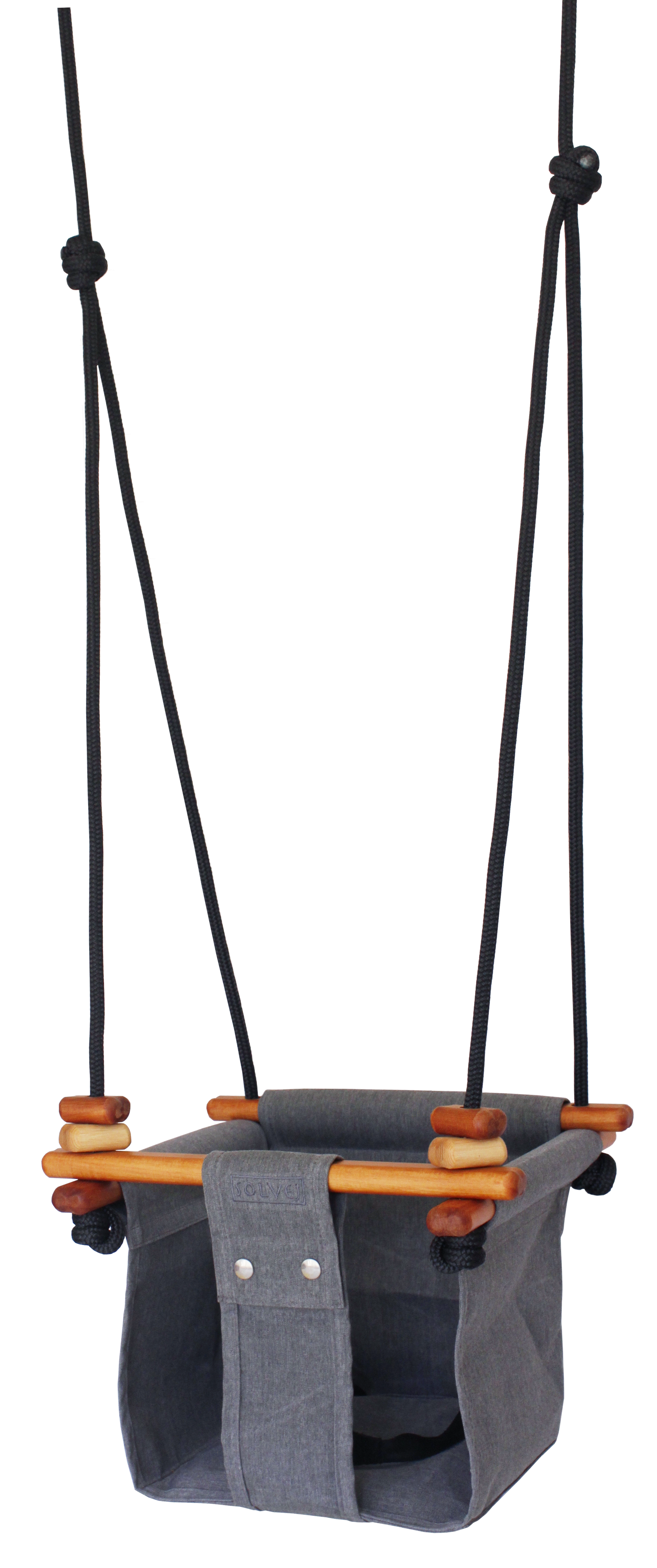 Grey canvas and wooden swing