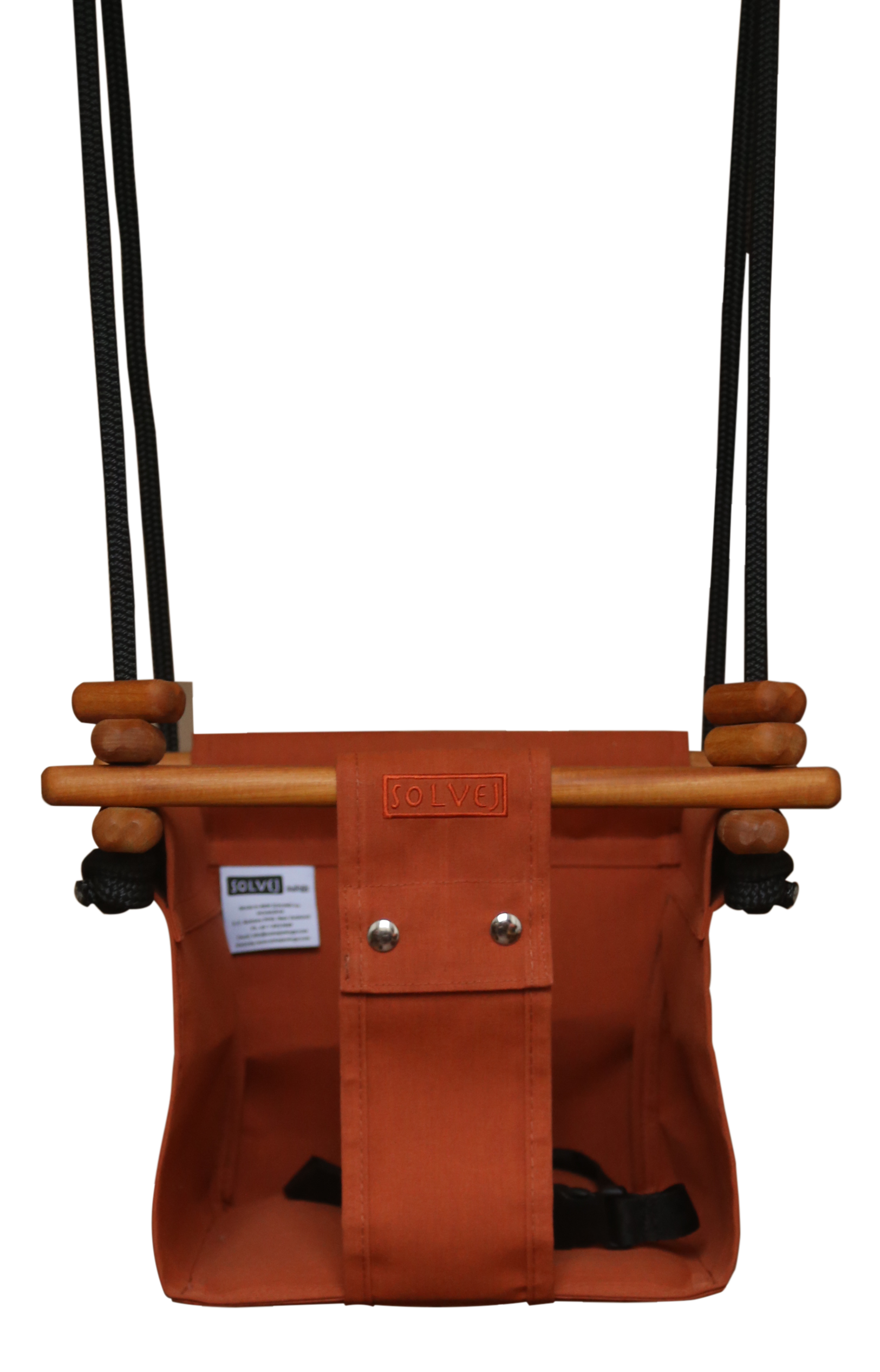 Terracotta coloured infant swing with natural wooden beads.