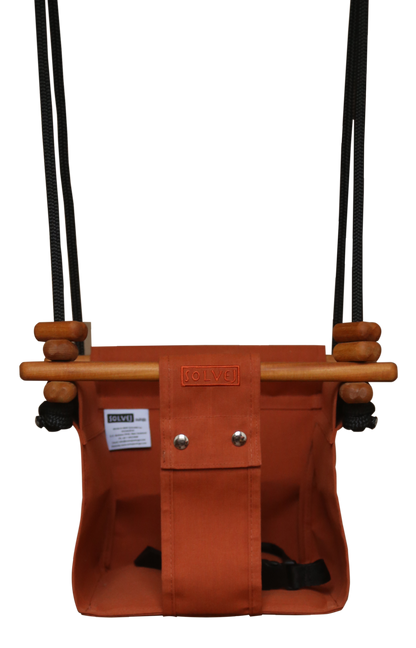 Terracotta coloured infant swing with natural wooden beads.